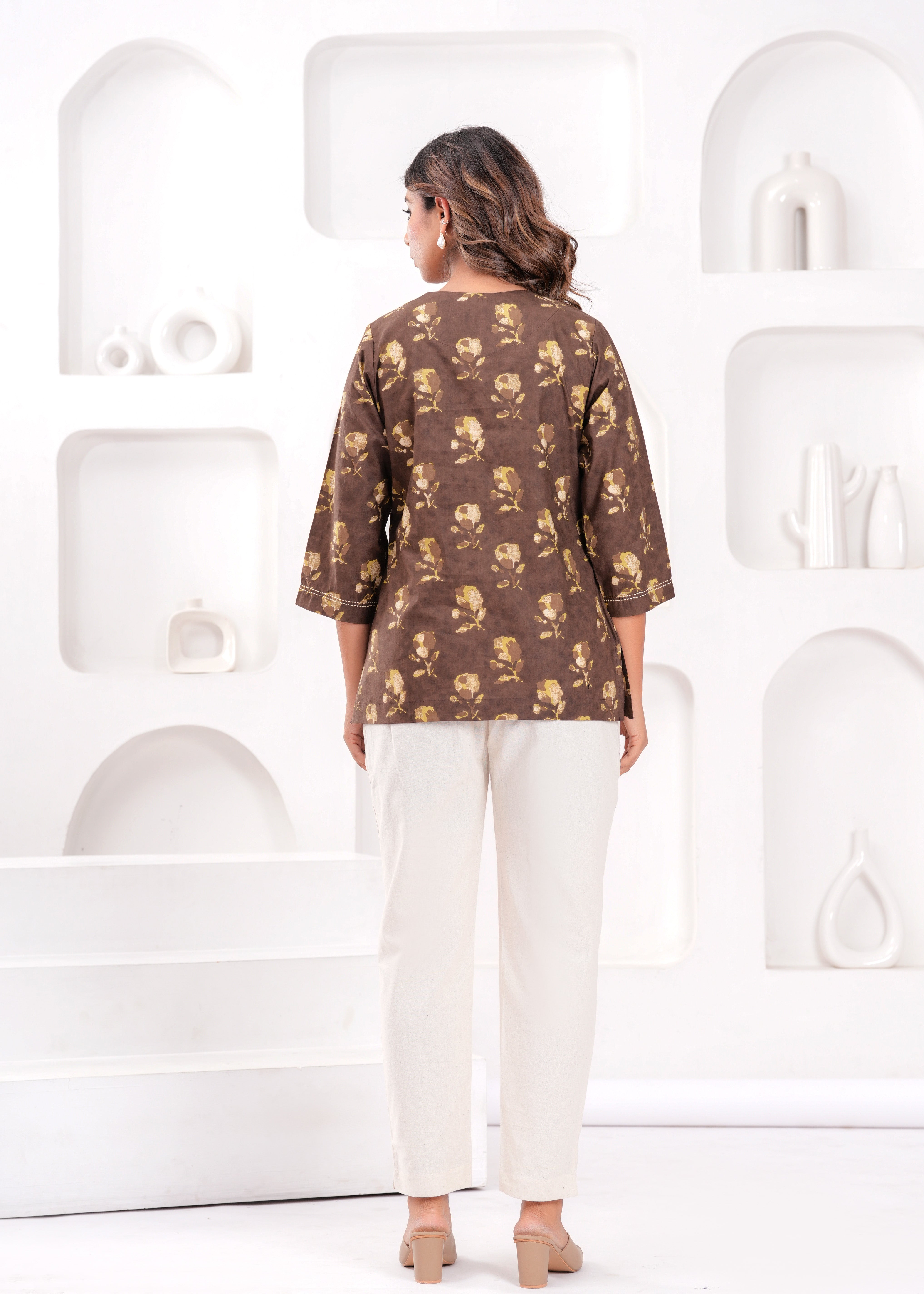 Cocoa Brown Printed Cotton Top